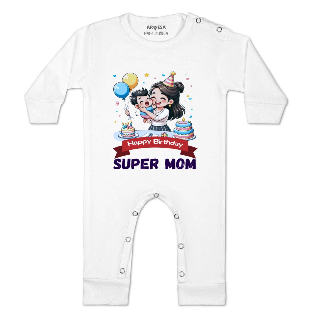 Arvesa Happy Birthday Super Mom Design-1684 White 0-3 Months Jumpsuit for Baby Boy & Girl dress .
