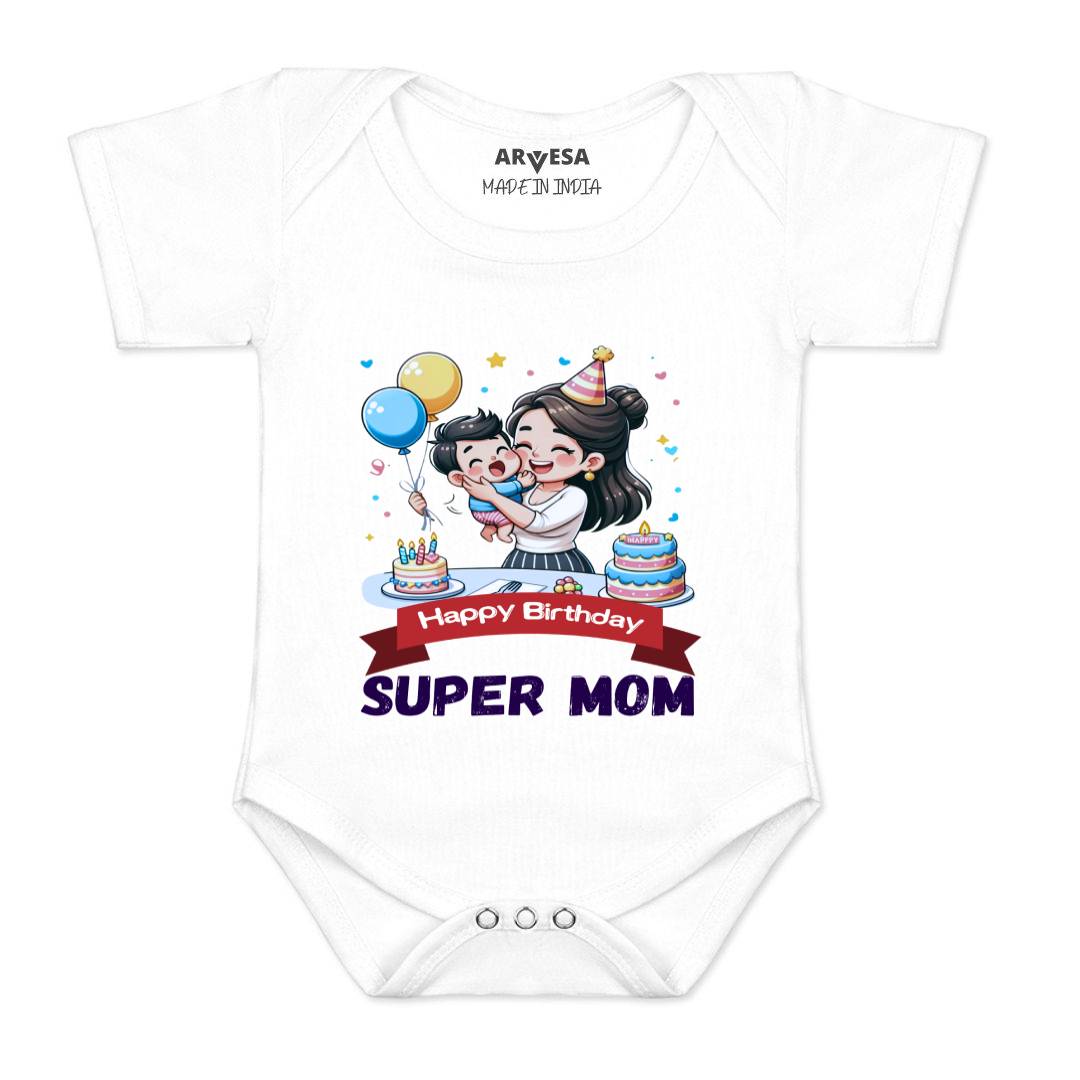 Arvesa Happy Birthday Super Mom Design-1684 White 0-3 Months Jumpsuit for Baby Boy & Girl dress .