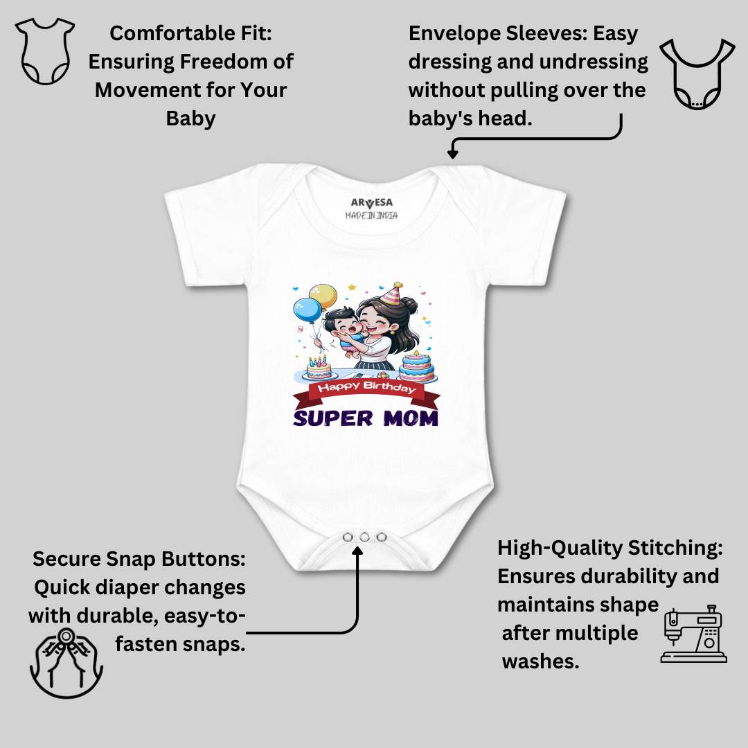 Arvesa Happy Birthday Super Mom Design-1684 White 0-3 Months Jumpsuit for Baby Boy & Girl dress .