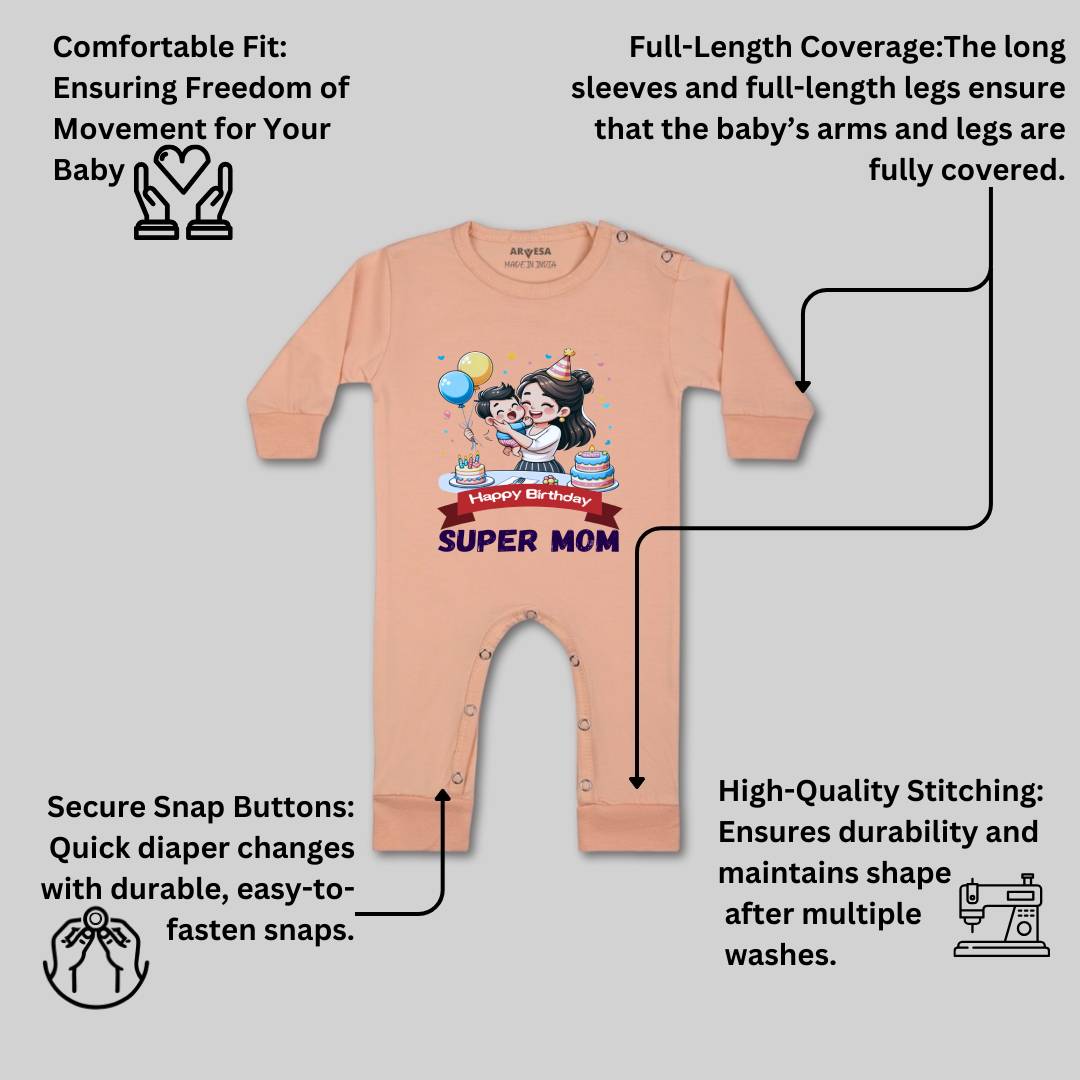 Arvesa Happy Birthday Super Mom Design-1684 White 0-3 Months Jumpsuit for Baby Boy & Girl dress .