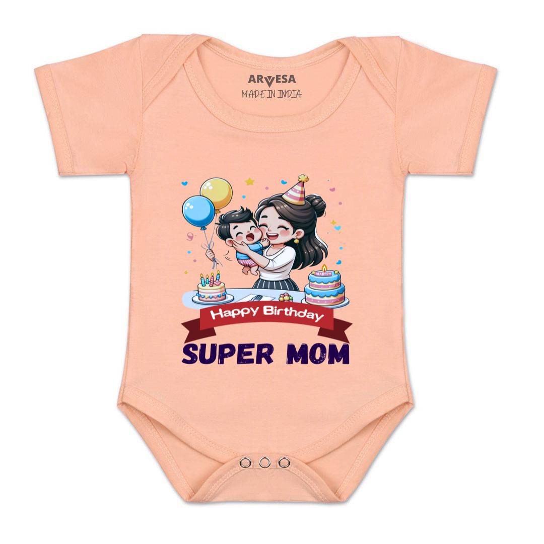 Arvesa Happy Birthday Super Mom Design-1684 White 0-3 Months Jumpsuit for Baby Boy & Girl dress .