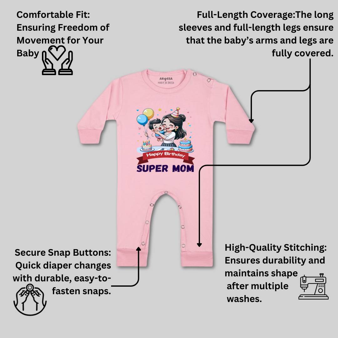 Arvesa Happy Birthday Super Mom Design-1684 White 0-3 Months Jumpsuit for Baby Boy & Girl dress .