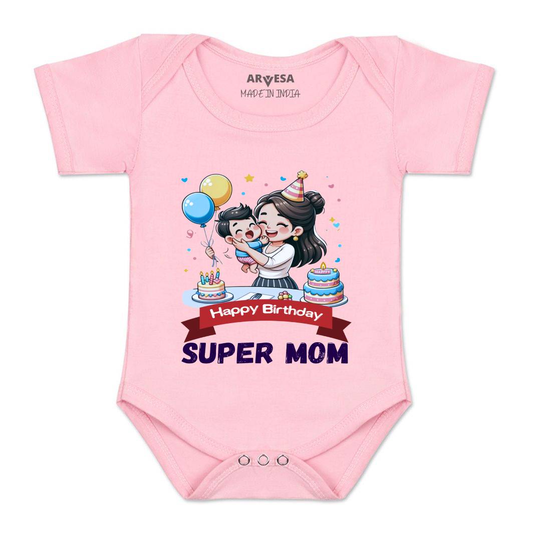 Arvesa Happy Birthday Super Mom Design-1684 White 0-3 Months Jumpsuit for Baby Boy & Girl dress .