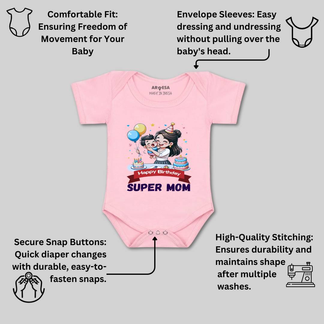 Arvesa Happy Birthday Super Mom Design-1684 White 0-3 Months Jumpsuit for Baby Boy & Girl dress .