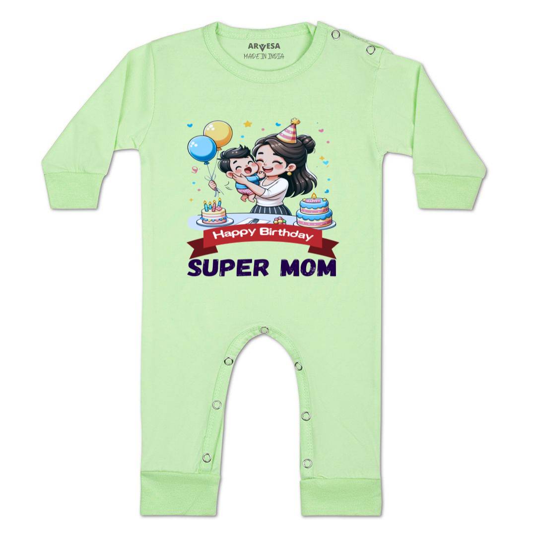 Arvesa Happy Birthday Super Mom Design-1684 White 0-3 Months Jumpsuit for Baby Boy & Girl dress .