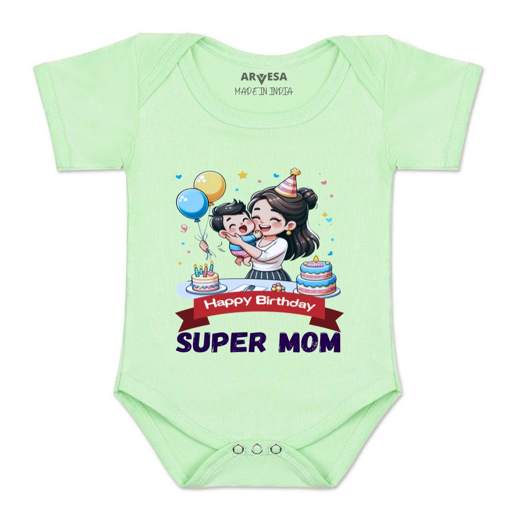Arvesa Happy Birthday Super Mom Design-1684 White 0-3 Months Jumpsuit for Baby Boy & Girl dress .