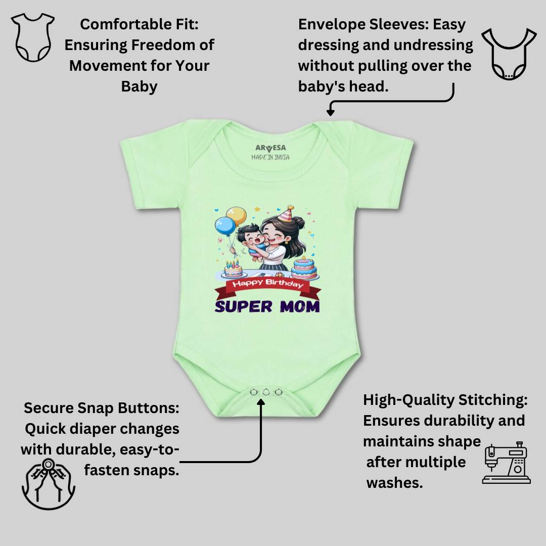 Arvesa Happy Birthday Super Mom Design-1684 White 0-3 Months Jumpsuit for Baby Boy & Girl dress .