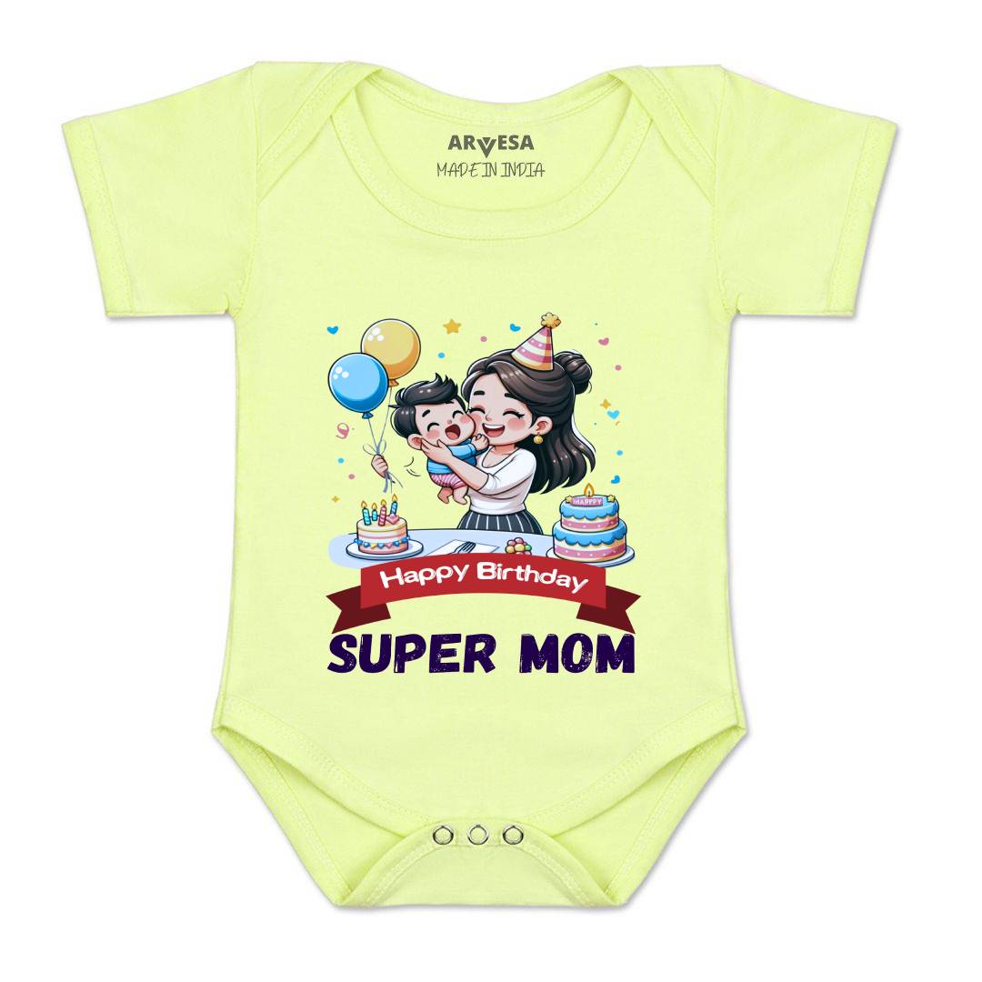Arvesa Happy Birthday Super Mom Design-1684 White 0-3 Months Jumpsuit for Baby Boy & Girl dress .