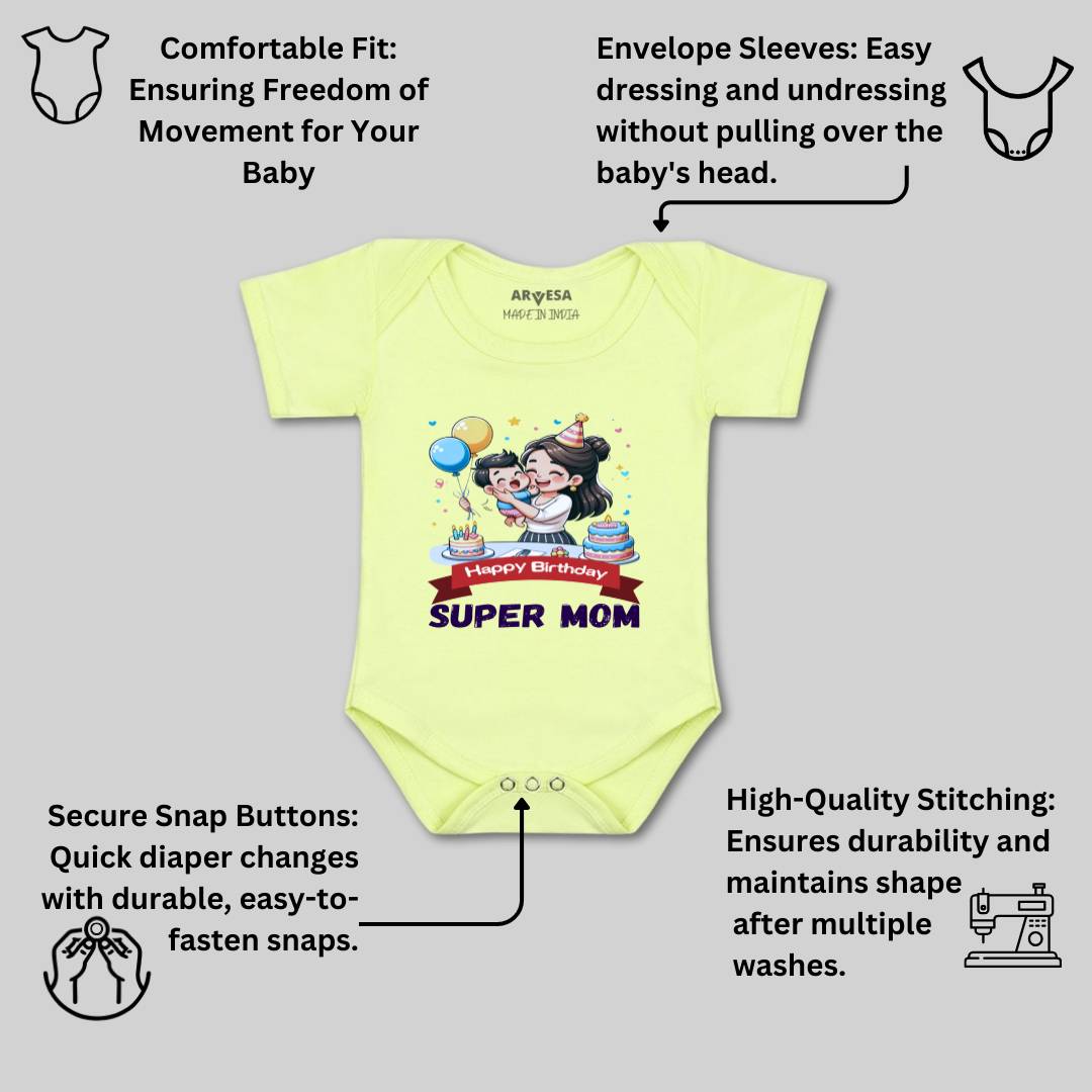 Arvesa Happy Birthday Super Mom Design-1684 White 0-3 Months Jumpsuit for Baby Boy & Girl dress .