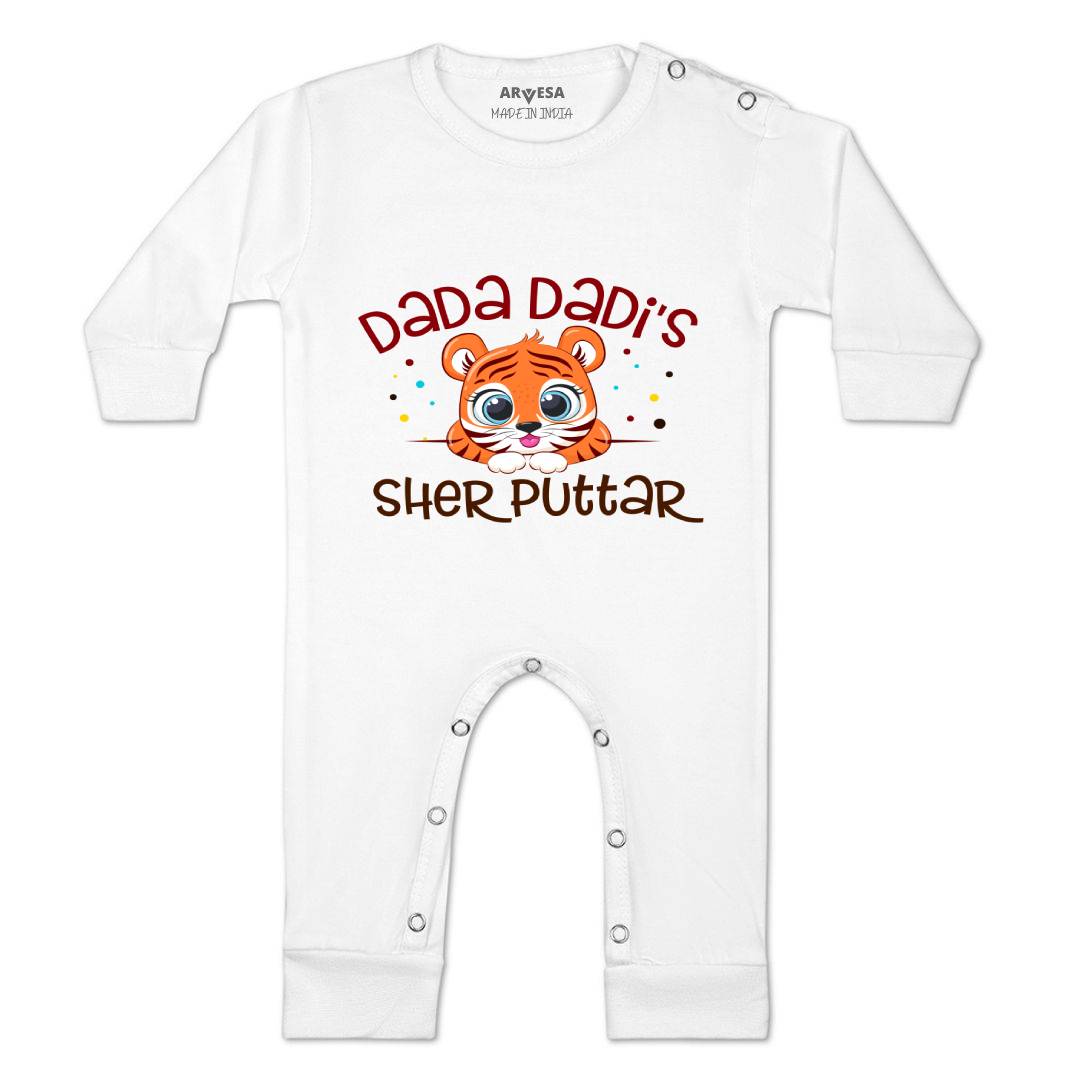 Arvesa Dada Dadi Sher Puttar Design-1240 White 0-3 Months Jumpsuit for Baby Boy & Girl dress .
