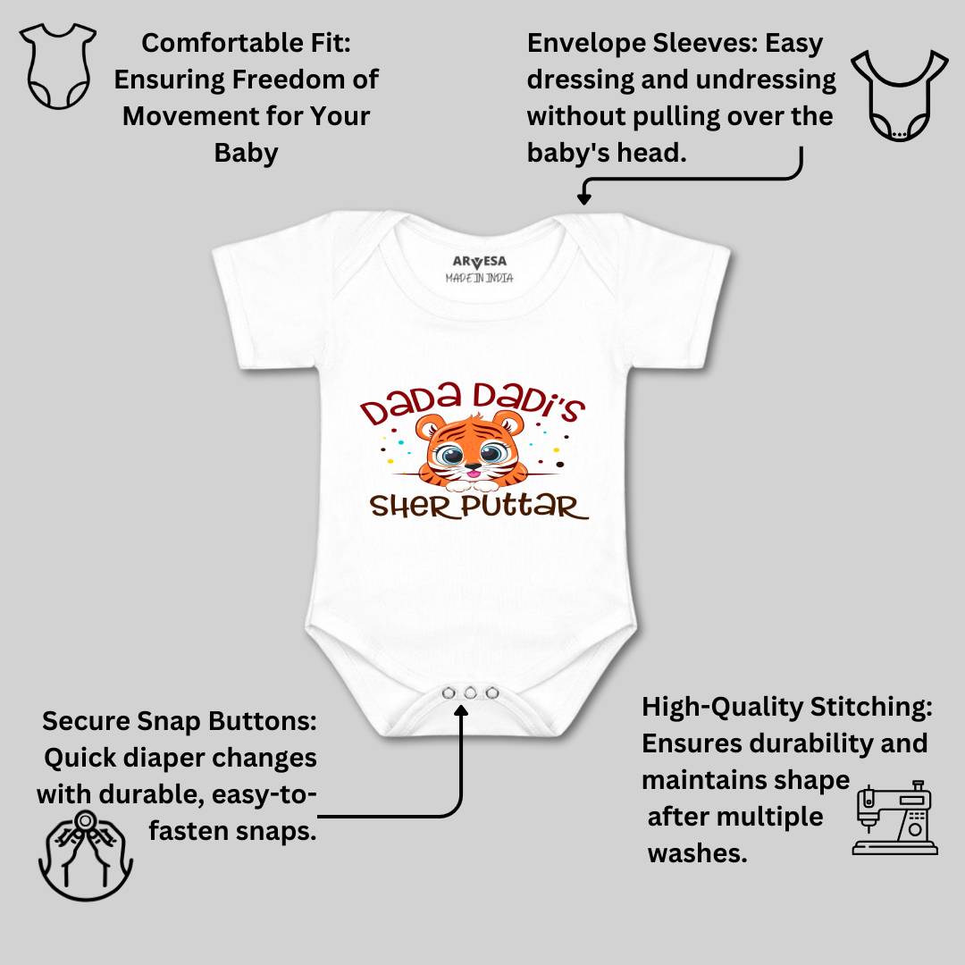 Arvesa Dada Dadi Sher Puttar Design-1240 White 0-3 Months Jumpsuit for Baby Boy & Girl dress .