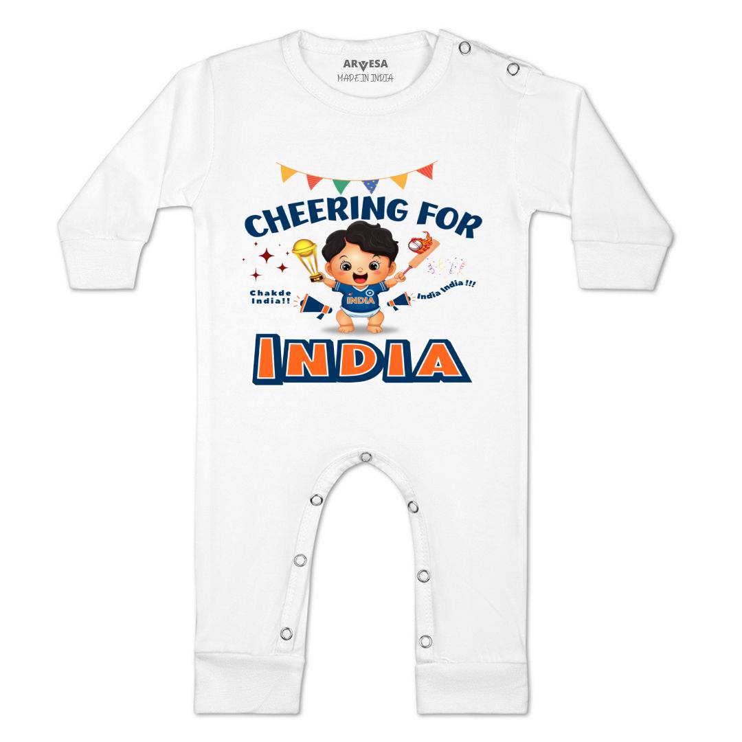 Arvesa Cheering For India Design-1459 White 0-3 Months Jumpsuit for Baby Boy & Girl dress .