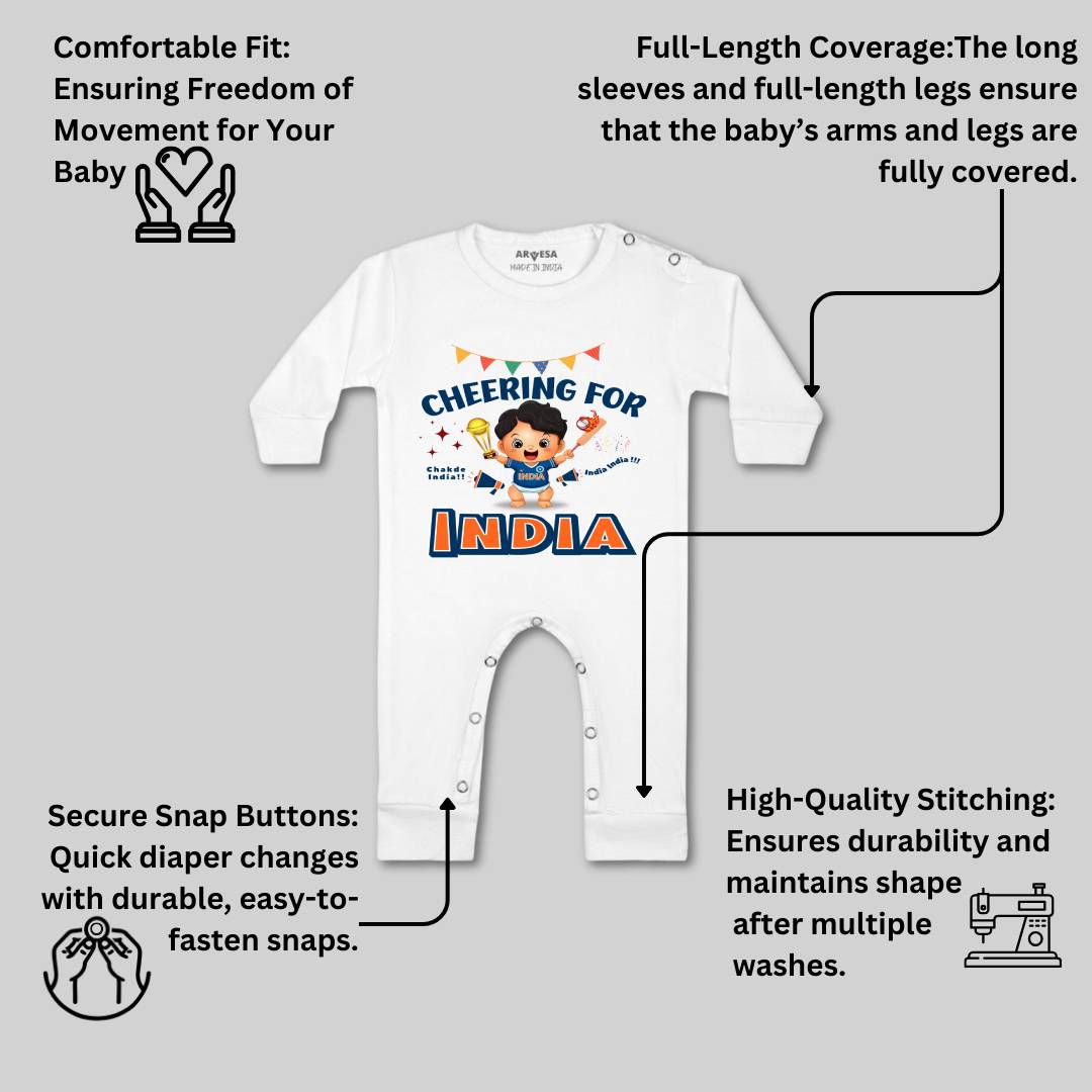 Arvesa Cheering For India Design-1459 White 0-3 Months Jumpsuit for Baby Boy & Girl dress .