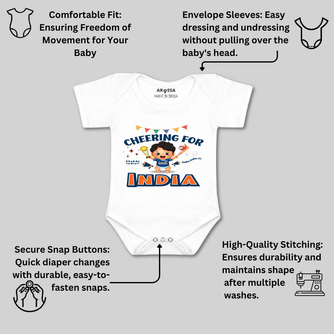 Arvesa Cheering For India Design-1459 White 0-3 Months Jumpsuit for Baby Boy & Girl dress .