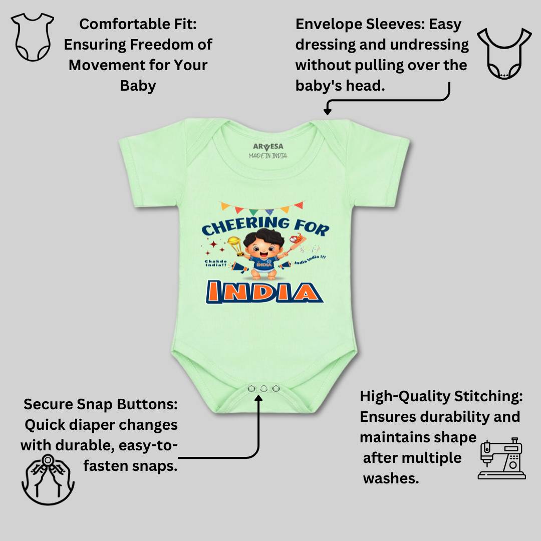 Arvesa Cheering For India Design-1459 White 0-3 Months Jumpsuit for Baby Boy & Girl dress .