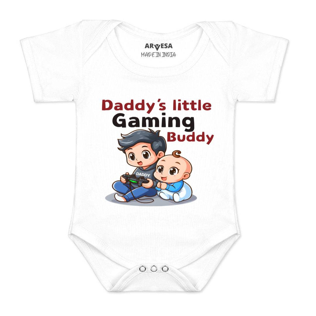 Arvesa Daddy Little Gaming Buddy Design-1486 White 0-3 Months Jumpsuit for Baby Boy & Girl dress .