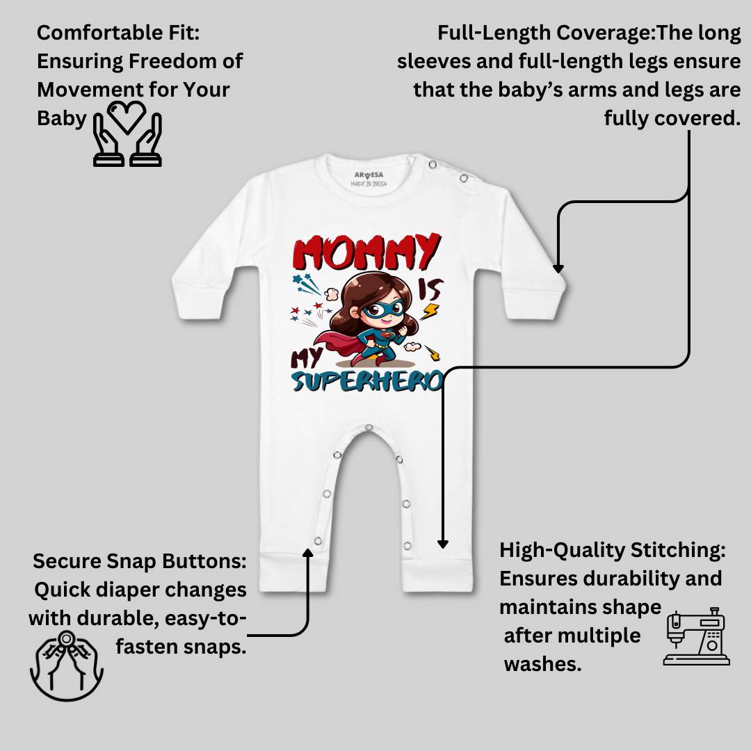 Arvesa Mommy Is My Superhero Design-1505 White 0-3 Months Jumpsuit for Baby Boy & Girl dress .