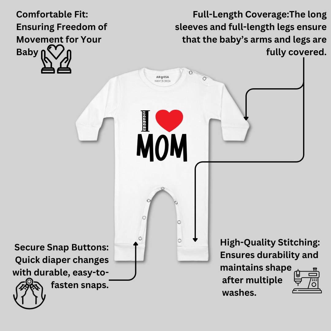 Arvesa I Love Mom Design-178 White 0-3 Months Jumpsuit for Baby Boy & Girl dress .