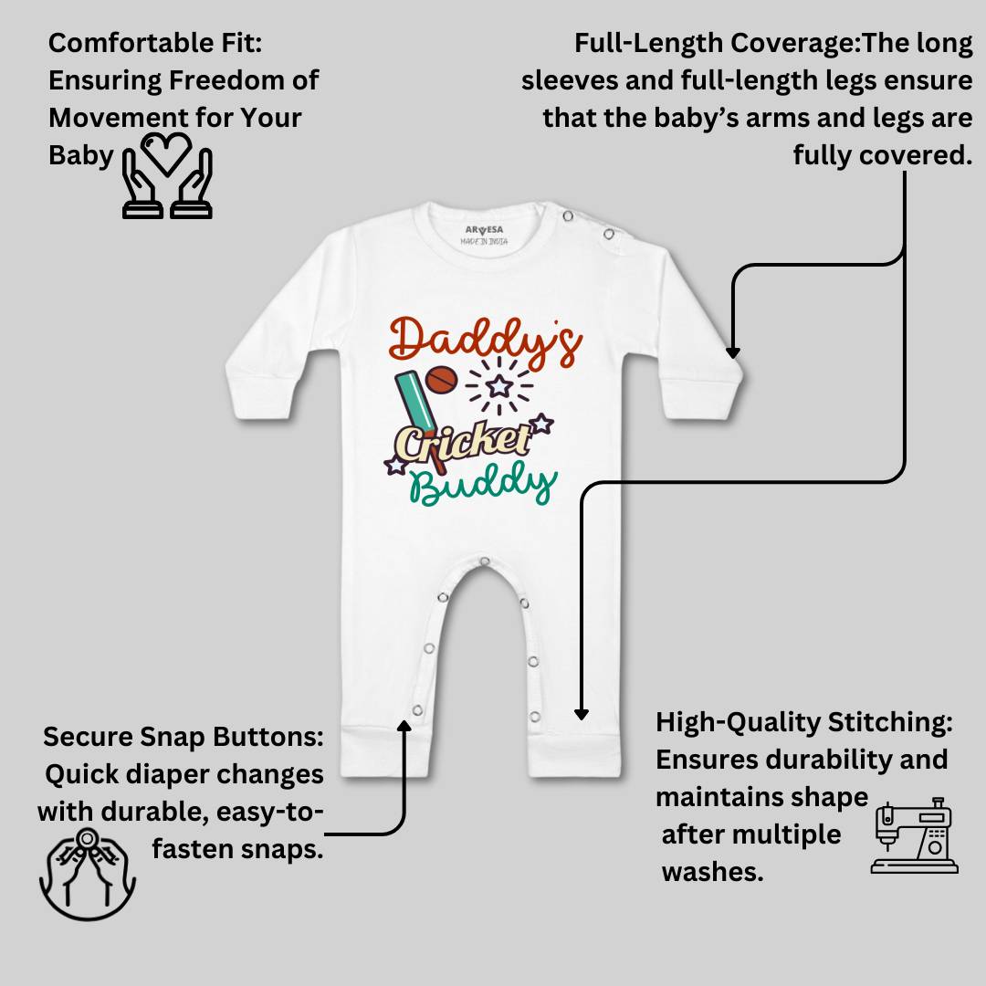 Arvesa Daddy Cricket Buddy Design-765 White 0-3 Months Jumpsuit for Baby Boy & Girl dress .
